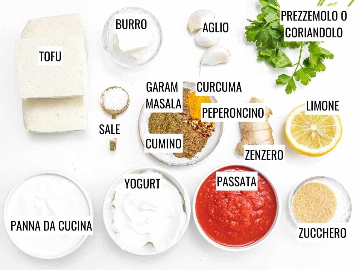 Ingredienti per il tofu all'indiana